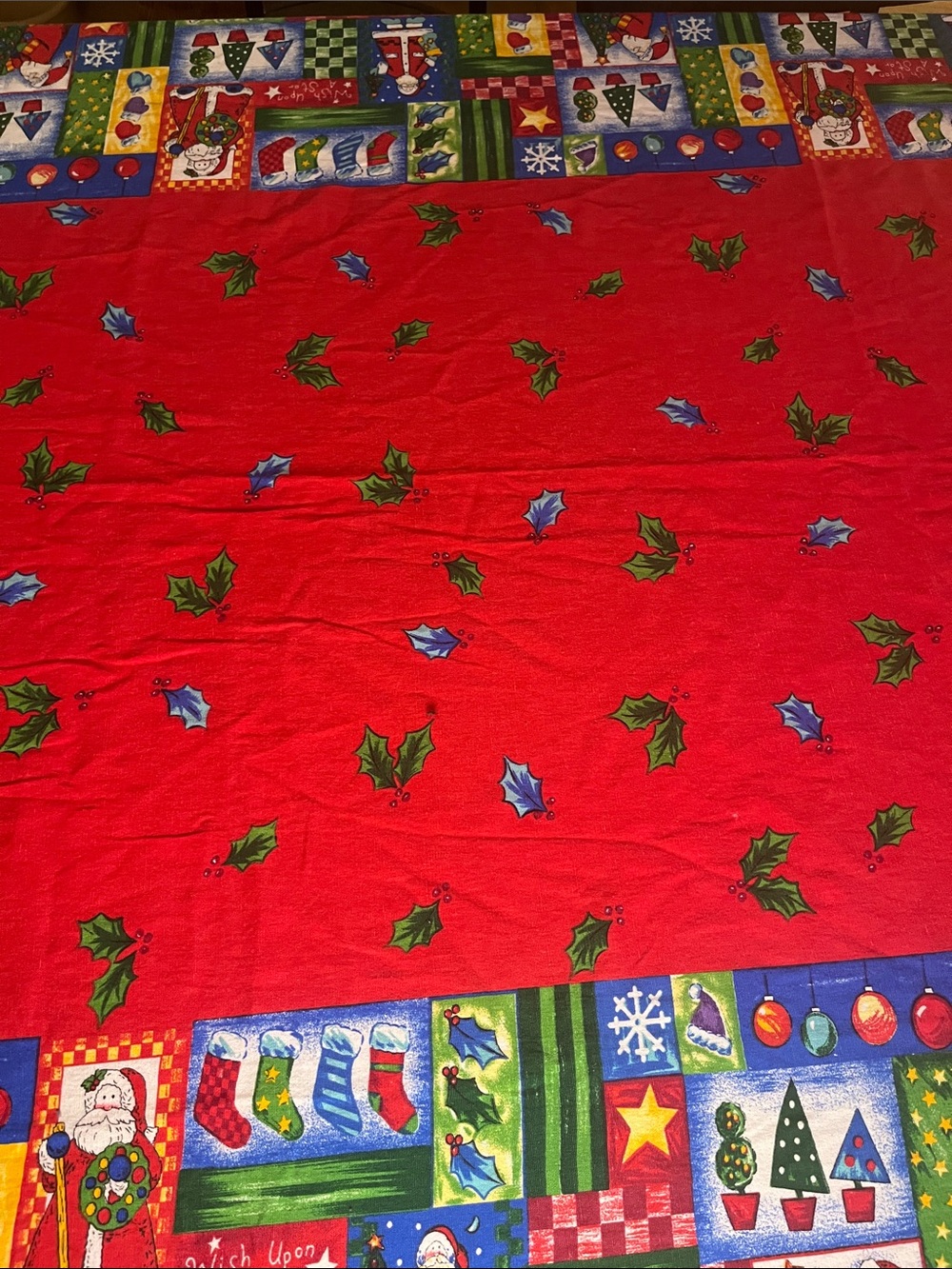 Vintage Christmas Tablecloth Printed colorful whimsical Santa design 58x92